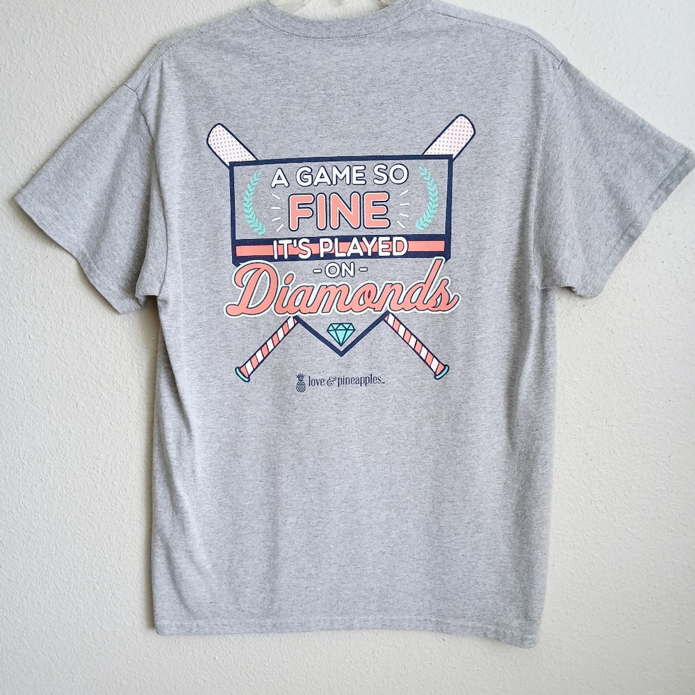 Love & Pineapples Graphic Tee Womens Size Medium Gray Baseball Short Sleeve